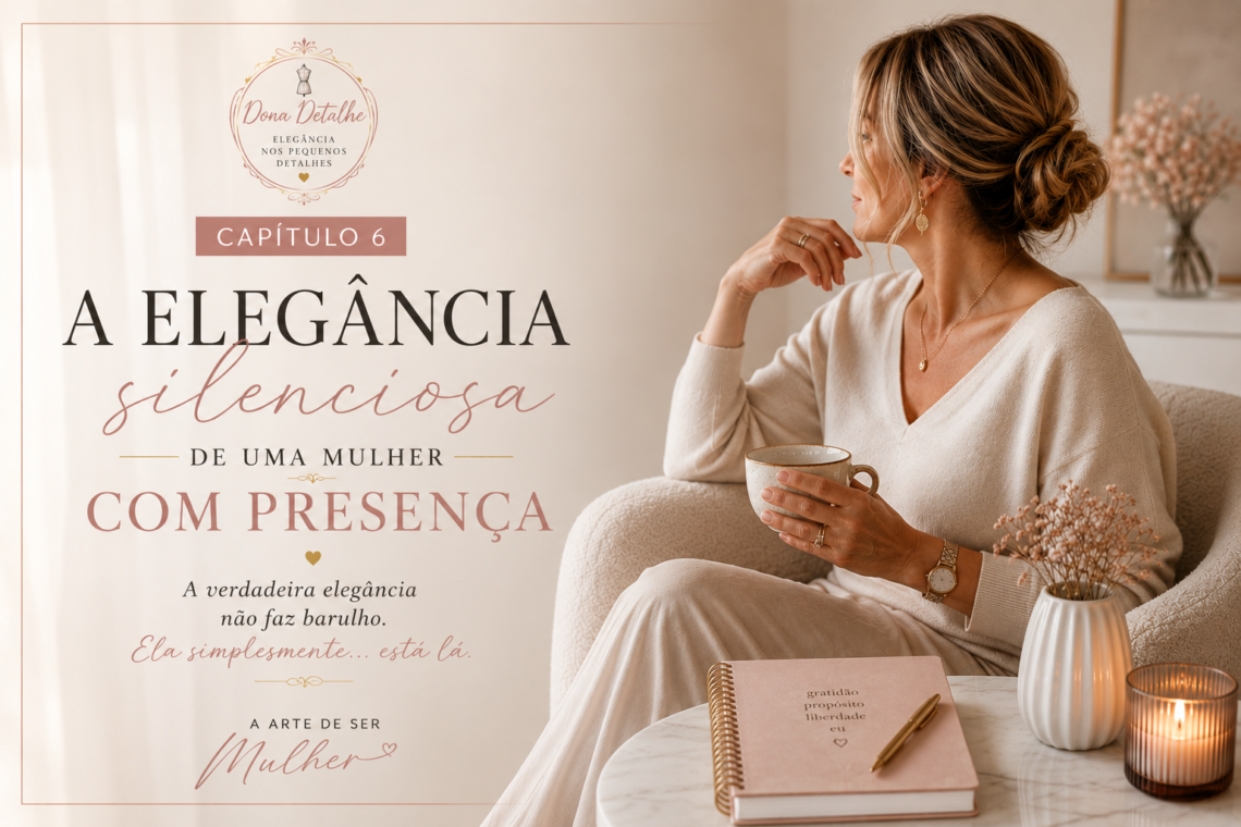 Capítulo 6 – A elegância silenciosa de uma mulher com presença. Mulher sentada num ambiente tranquilo, transmitindo serenidade, elegância e confiança.