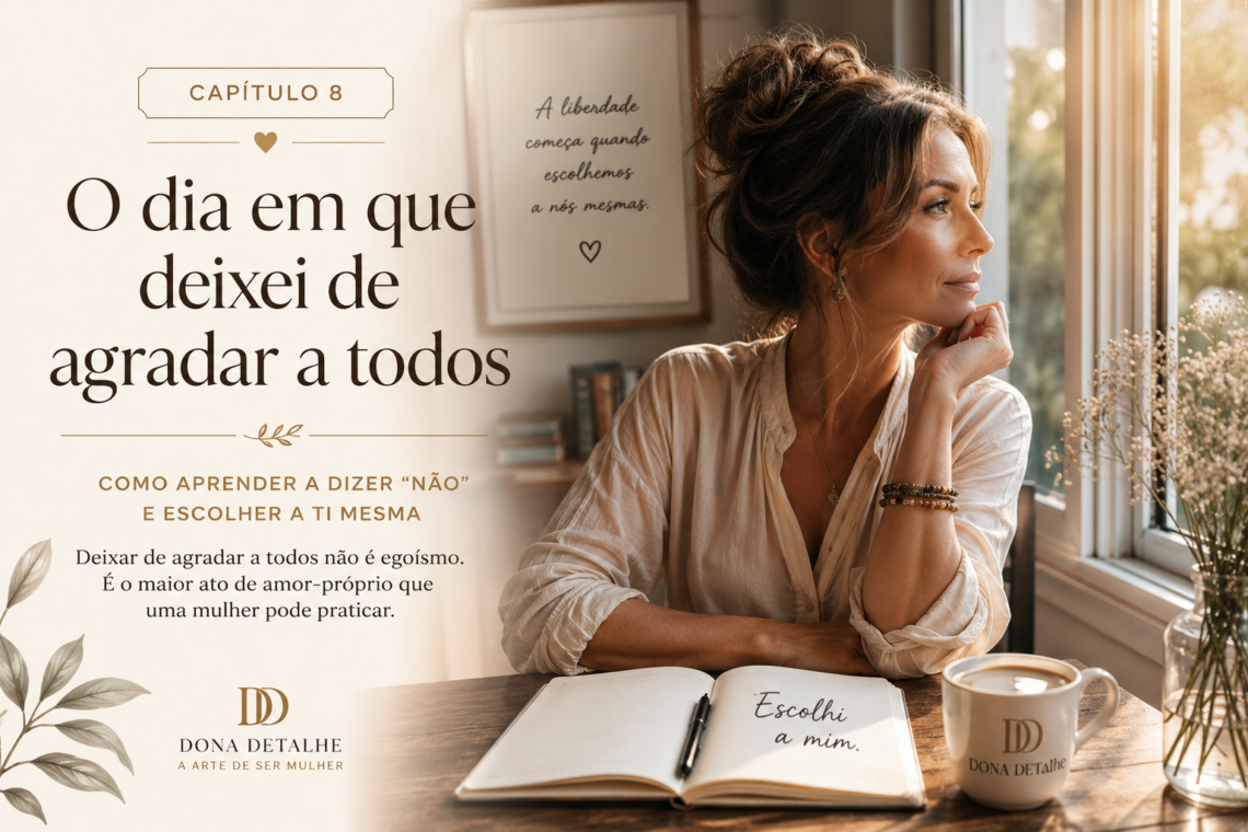 Imagem do Capítulo 8 do blogue Dona Detalhe – Como deixar de agradar a todos. Artigo sobre autoestima, amor-próprio, limites saudáveis e desenvolvimento pessoal feminino.