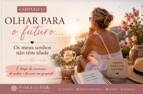 Mulher elegante de 58 anos a escrever sorridente num caderno bonito, simbolizando o olhar para o futuro com entusiasmo na Dona Detalhe.